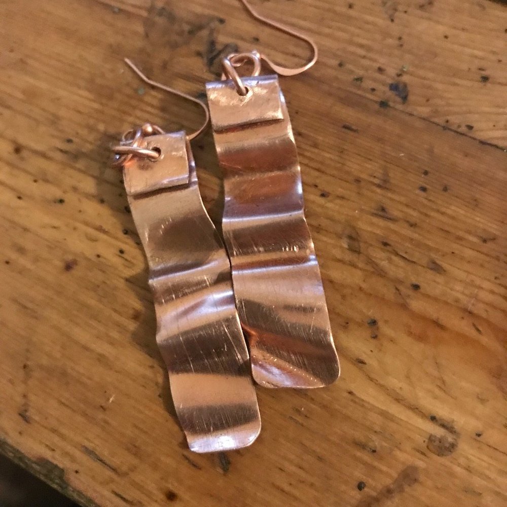 Long Pure Copper Solid Tribal Rustic Earrings Drop Boho Handmade Organic Folded - Picture 3 of 7
